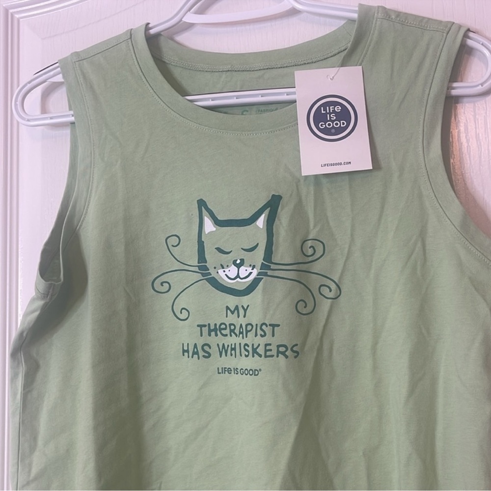 Life is Good Muscle Tank Top Classic My Therapist has Whiskers Green Small - Picture 2 of 12